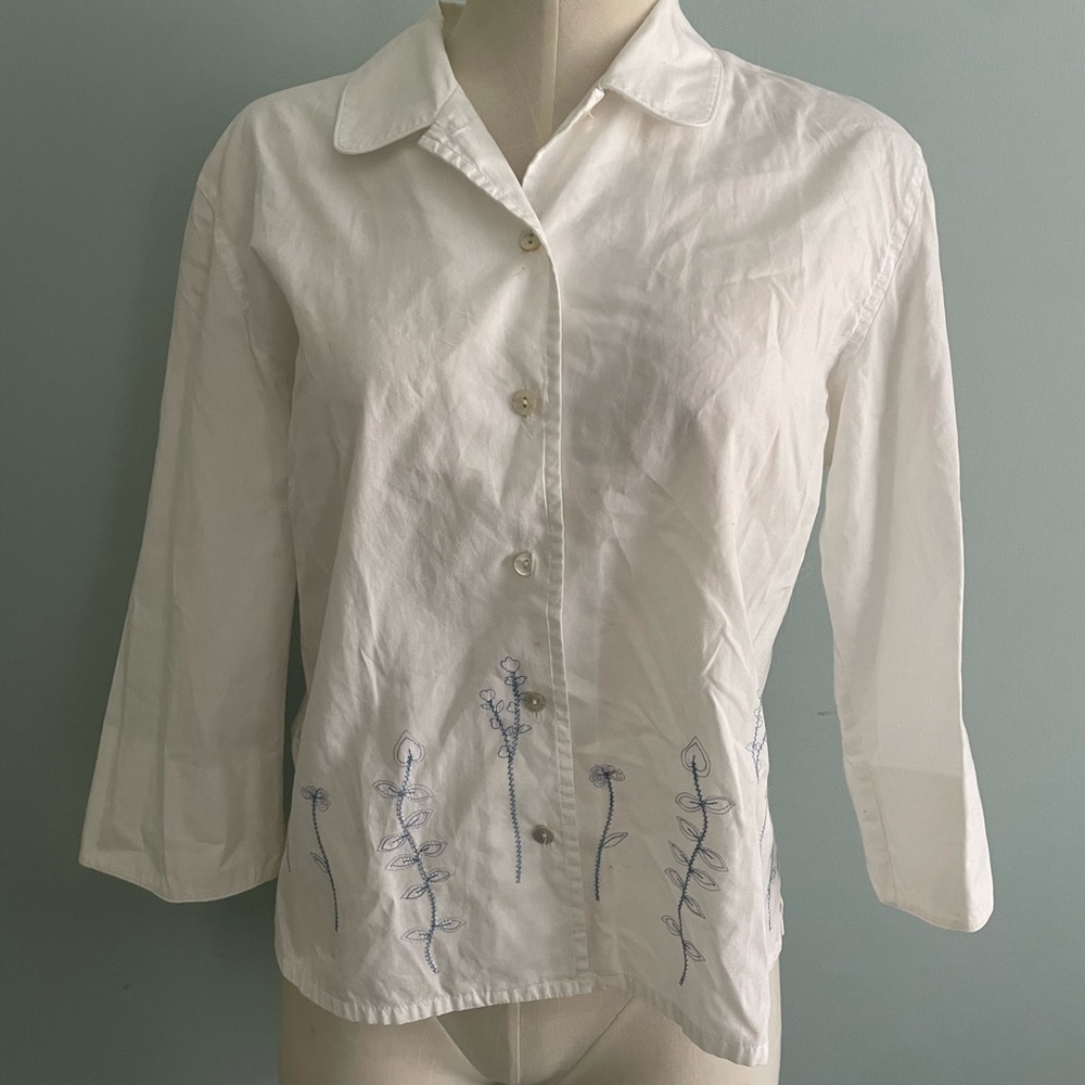 White Button-Up Shirt with Blue Embroidery